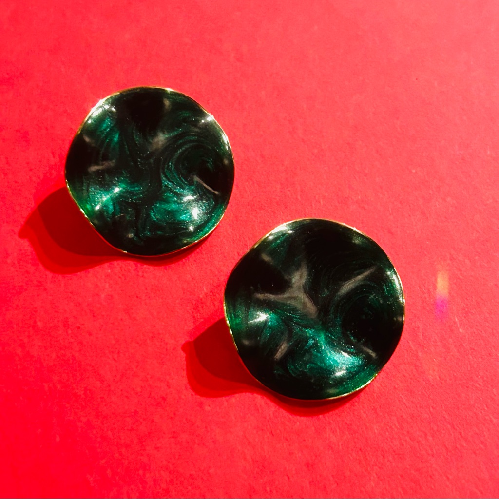Vintage 1980s Deep Green Enamel Statement Earrings